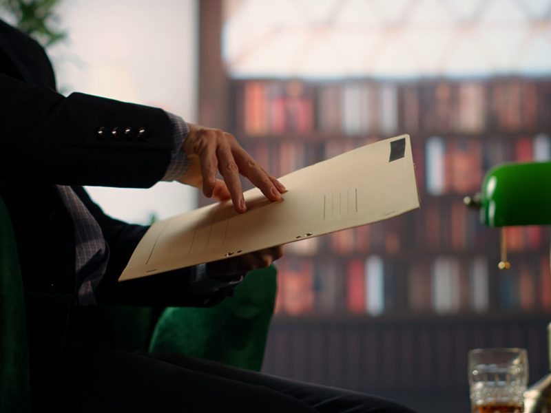 Two espionage agents reviewing confidential documents in a vintage library, emphasizing secret service teamwork and strategic planning for a mission. Reading government reports. Camera B.